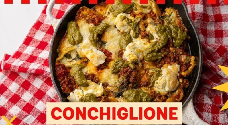 Conchiglione recheado servido com molho vermelho, molho branco e pesto