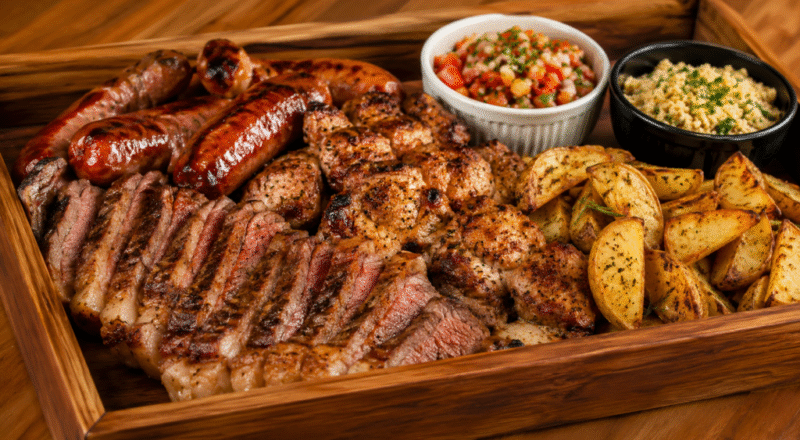 Churrasco com picanha, linguiça e sobrecoxa na Air Fryer com batatas rústicas