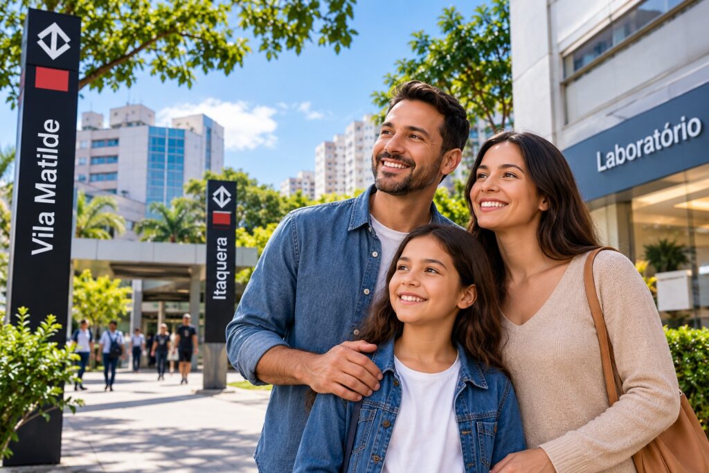 Família em frente a estabelecimentos de saúde na Zona Leste de São Paulo